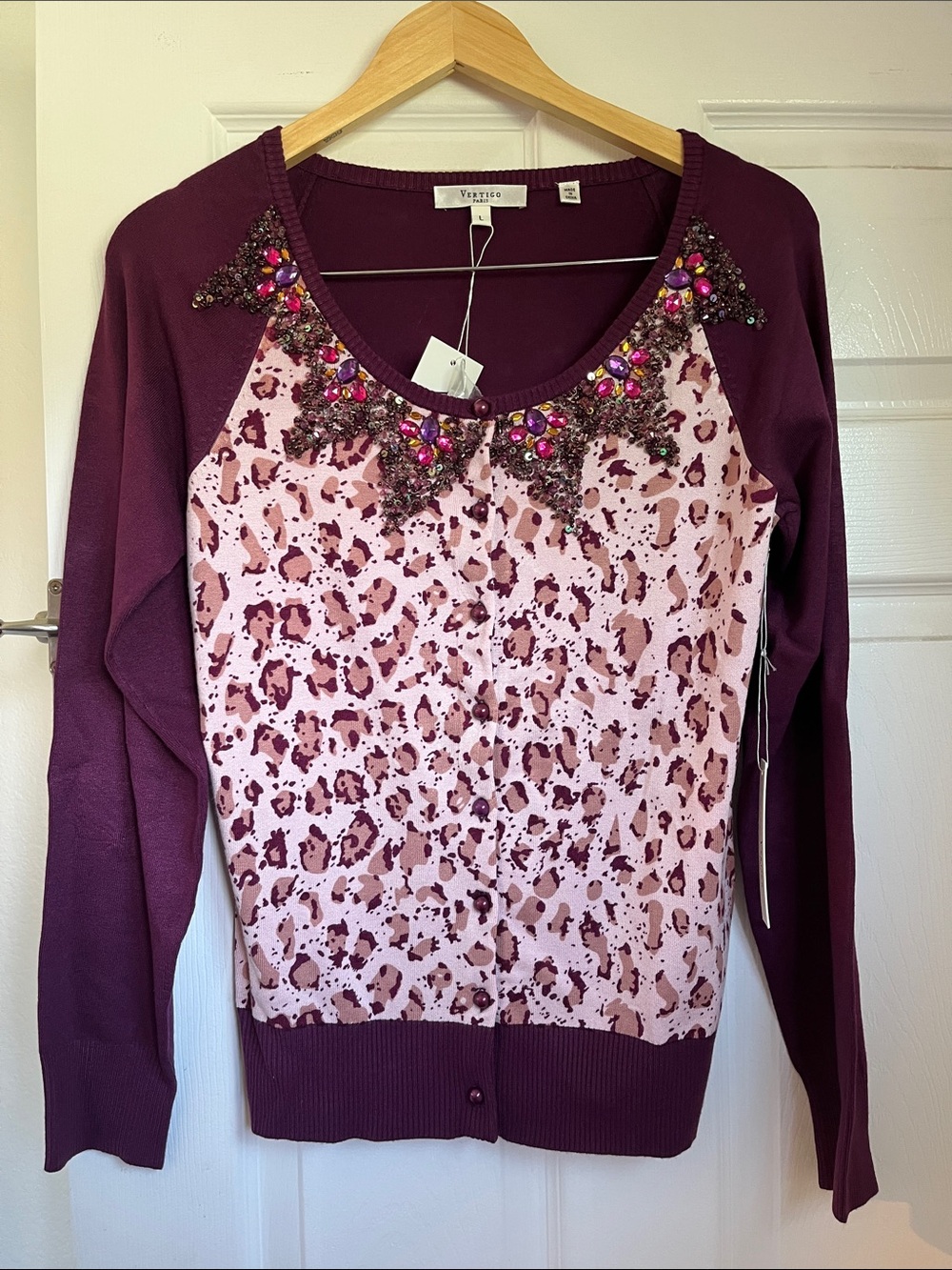 Vertigo Paris Purple and Pink Beaded Leopard-Print Crewneck Sweater